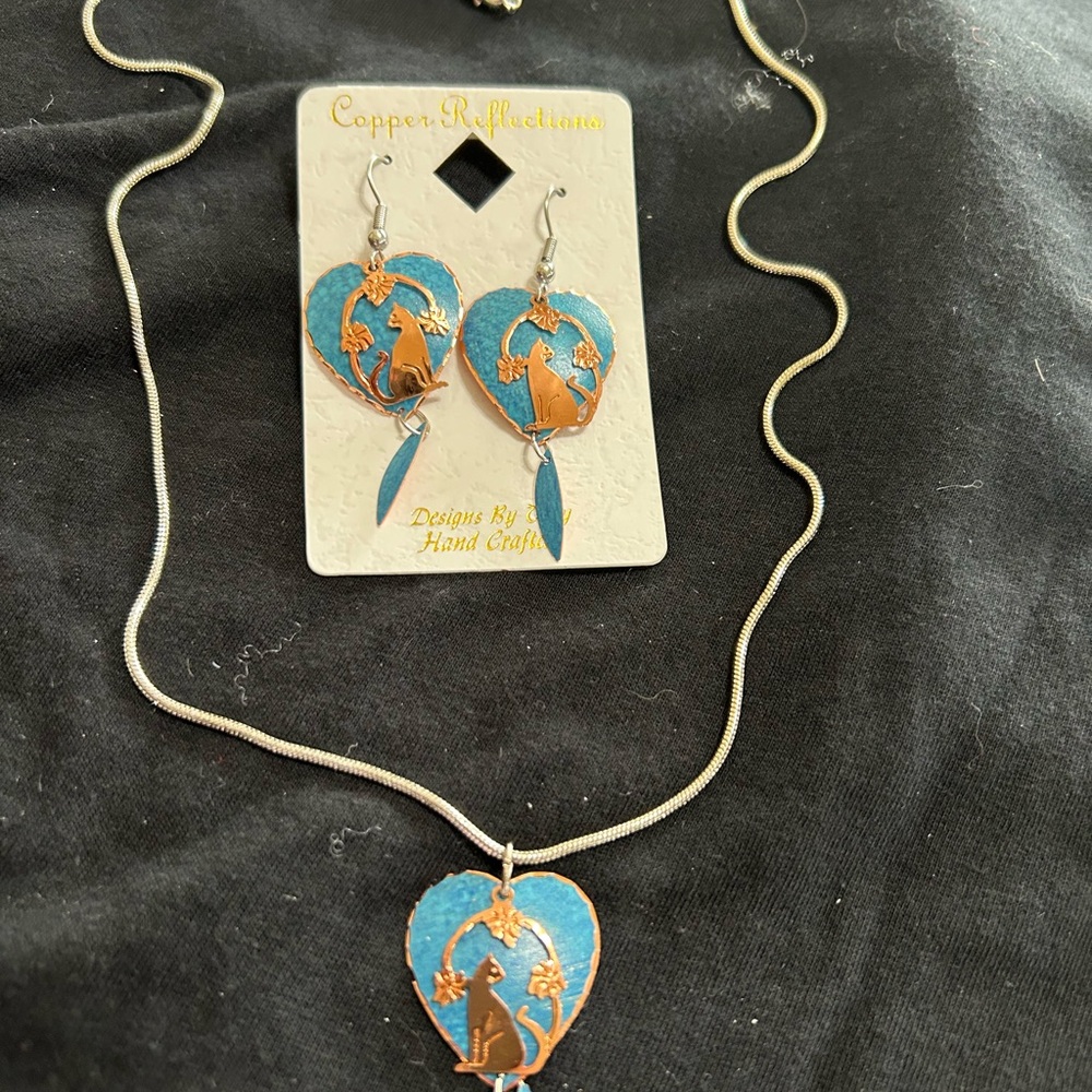 Necklace and Earring set, cat motif on copper patina.
